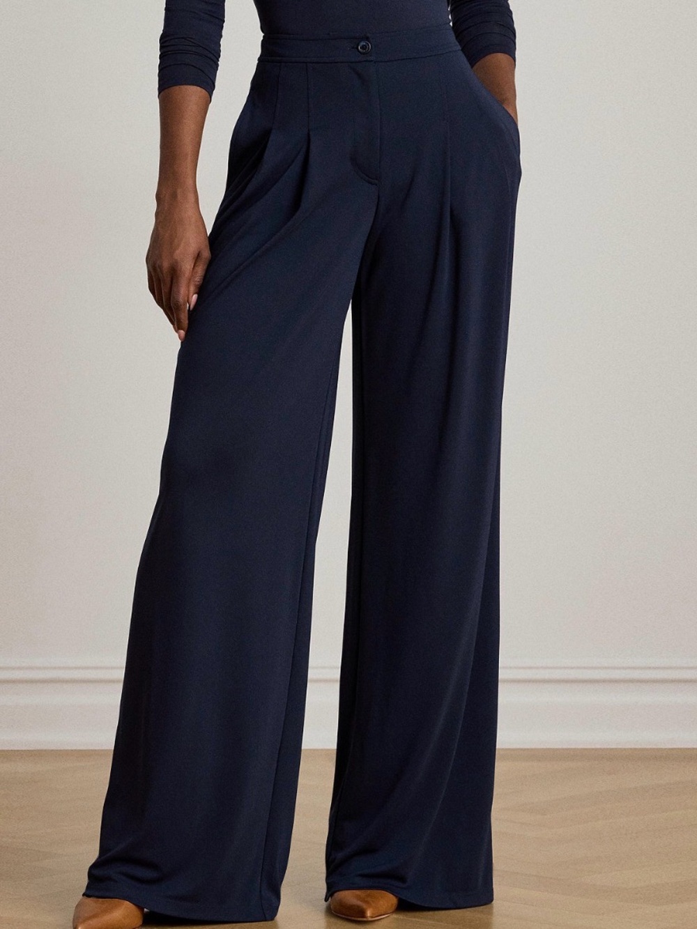 Lauren Ralph Lauren Women's Pleated Stretch Jersey Wide-Leg Pants Navy - Picture 2 of 10